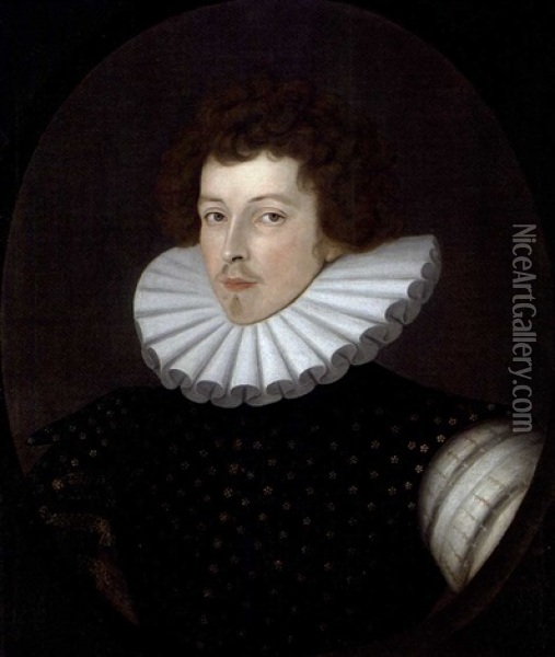 Portrait Of Sir Henry Kingsmill In A Black Embroidered Doublet With A White Ruff Oil Painting - William (Sir) Segar