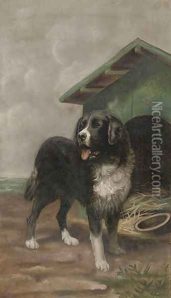 A collie in front of his kennel Oil Painting - English School