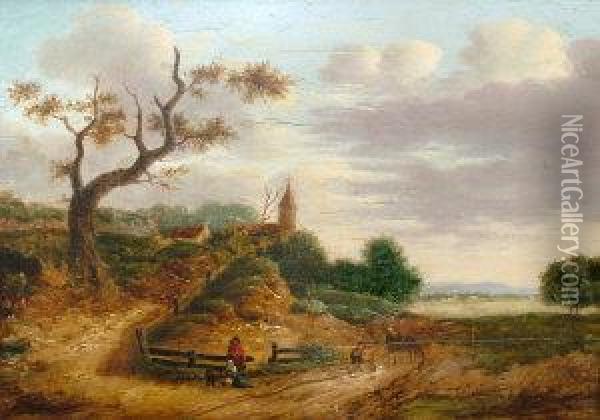 Travellers And Figures In A Rural Landscape, Withdistant Church Oil Painting - Jan Wijnants