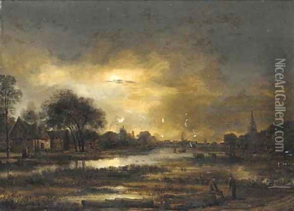 A moonlit landscape with two peasants conversing near a lake in the foreground Oil Painting - Aert van der Neer