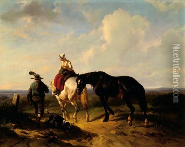 Travellers And Horses On A Sand Road Oil Painting - Wouterus Verschuur