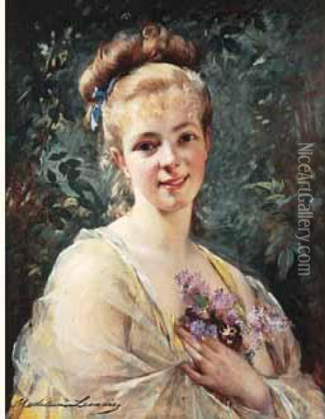 < Portrait Aux Lilas Et Pensees >. Oil Painting - Madeleine Jeanne Lemaire