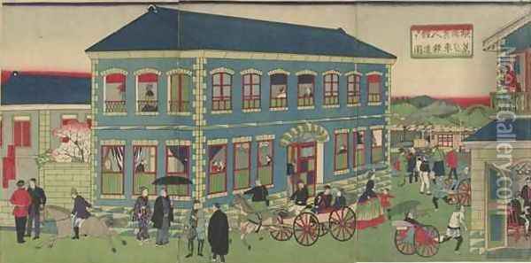 Picture of the Steam Train from the Foreign Establishments of Yokohama Meiji era Oil Painting - Hiroshige III