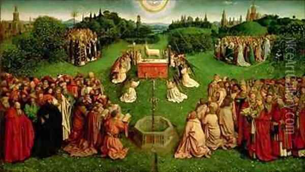 The Adoration of the Mystic Lamb from the Ghent Altarpiece lower half of central panel Oil Painting - Hubert & Jan van Eyck