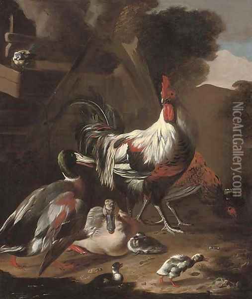 A cockerel, hen, ducks, chicks and blue tit in a farmyard Oil Painting - Marmaduke Craddock