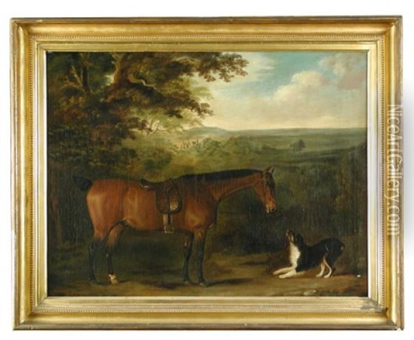 A Saddled Bay Hunter With A Collie Holding The Reins, In A Landscape Oil Painting - Thomas Weaver