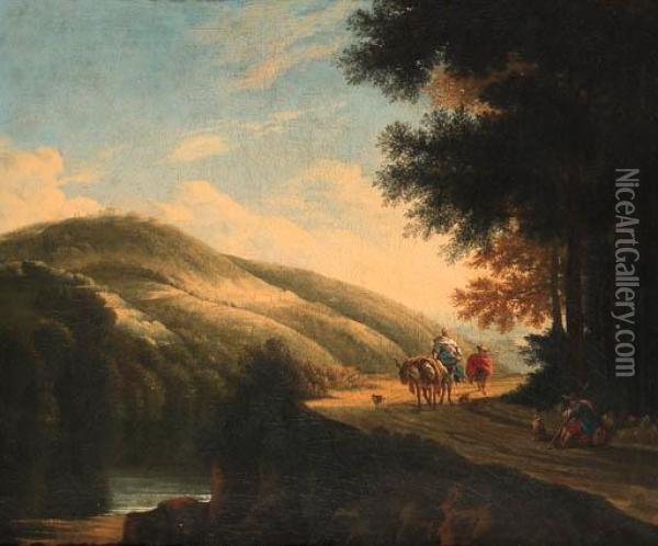 Muleteers On A Road By A River In An Italianate Landscape Oil Painting - Herman Van Swanevelt