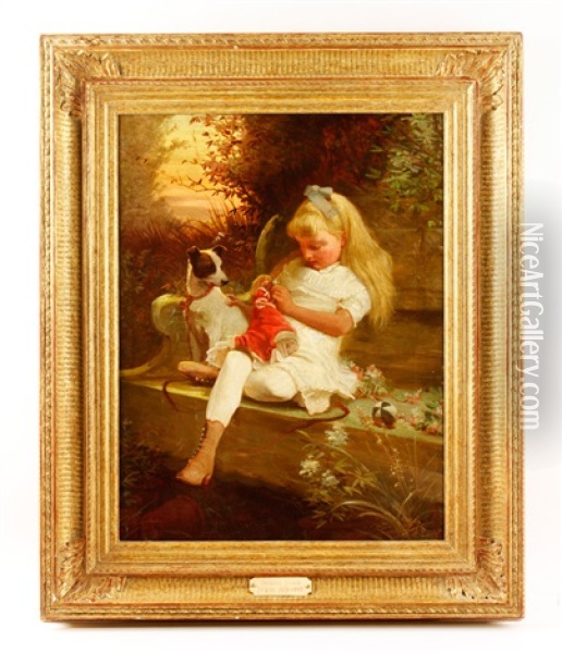 Young Girl On Bench With Doll And Terrier Oil Painting - Theodore Gerard