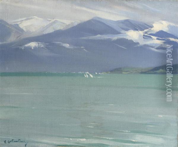 Wintersday At The Lake Lac De Thune, Switzerland Oil Painting - Virgilio Costantini