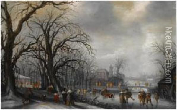 A Winter Landscape With Elegant 
Figures Conversing On A Path And Skating On The Ice, A Fortified Town 
Beyond Oil Painting - Adriaen Pietersz. Van De Venne