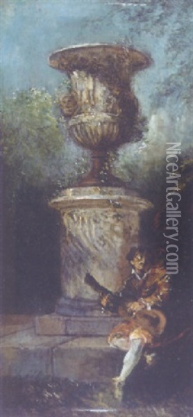 A Guitar Player Before A Classical Urn On A Pedestal Oil Painting - Jacques de Lajoue