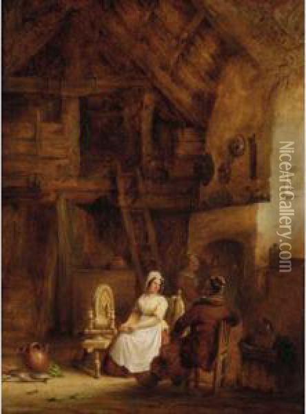Lady Sitting At The Spinning Wheel Oil Painting - Condy, Nicholas Matthews
