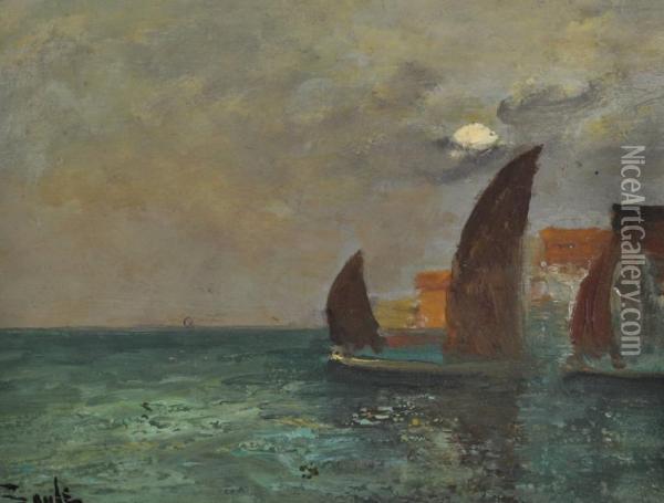 Harbour Scene By Moonlight And Sailing Boats Off The Coast Oil Painting - George A. Boyle