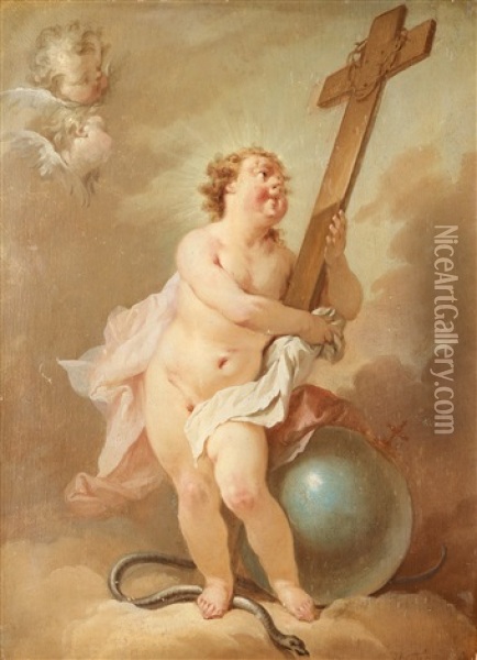 Jesusbarnet Med Korset Trampandes Pa En Orm, Symbol For Ondskan Oil Painting - Guillaume Thomas Raphael Taraval