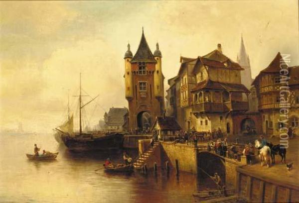 A Busy Dutch Port Oil Painting - Wilhelm Alexander Meyerheim