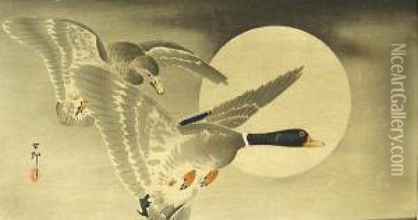Geese In Flight Before A Full Moon Oil Painting - Ohara Koson
