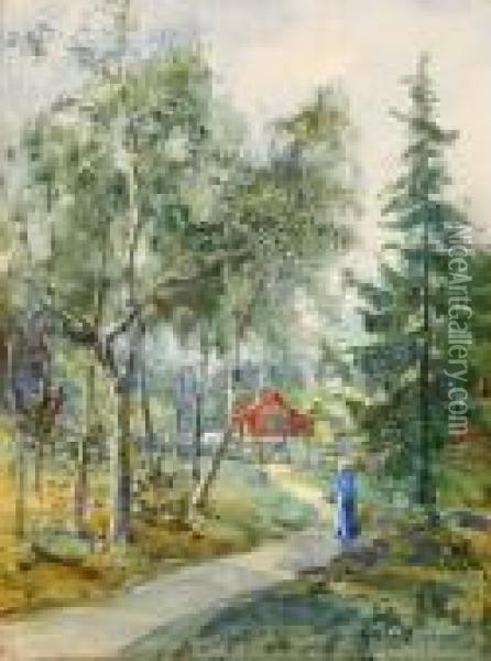 Pa Hemvag - Landskap Med Stuga I Skogsbryn Oil Painting - Anna Gardell-Ericson