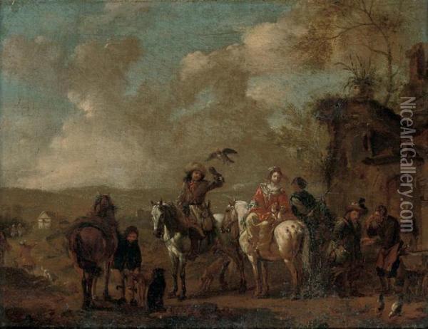A Hawking Party In A Landscape Oil Painting - Pieter Wouwermans or Wouwerman