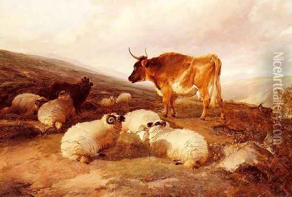 Rams And A Bull In A Highland Landscape Oil Painting - Thomas Sidney Cooper