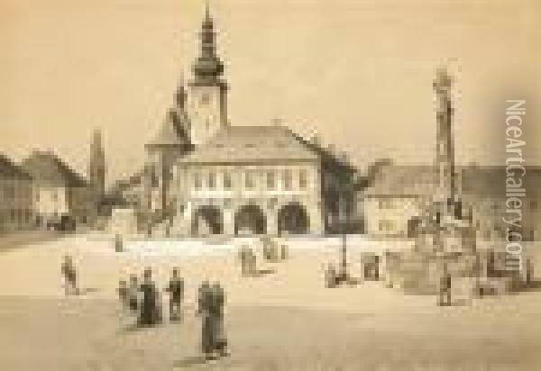 The Town Square In Velvary Oil Painting - Karl Liebscher