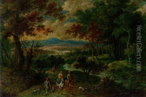 A Wooded Mountainous Landscape With Travellers On Horseback With Hunting Dogs Oil Painting - Peter Gysels