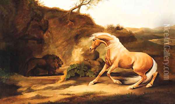 A horse frightened by a lion Oil Painting - George Stubbs