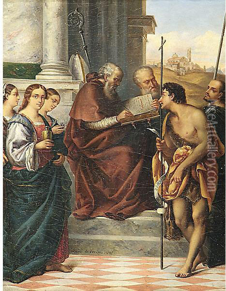 San Giovanni Crisostomo Con I Ss. Caterina, Lucia, Giovanni Battista E Teodoro Oil Painting - Amedee Jean Nicolas De Taverne
