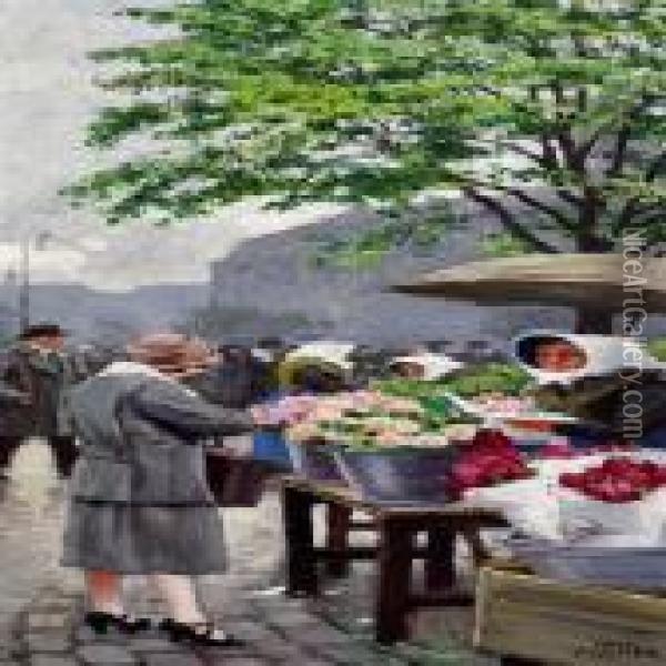 Flower Sellers In H jbro Plads In Copenhagen, In Thebackground Christiansborg Oil Painting - Paul-Gustave Fischer
