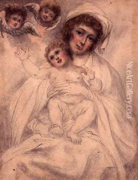 Mother and Child with Cherubs, c.1790 Oil Painting - Richard Cosway