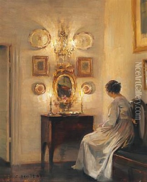Interior With The Artist's Wife Near A Chest Of Drawers With Two Candles Oil Painting - Carl Vilhelm Holsoe