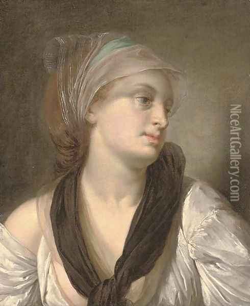 Portrait of a lady, bust-length, in a white dress and black shawl, a blue and white scarf in her hair Oil Painting - Jean Baptiste Greuze
