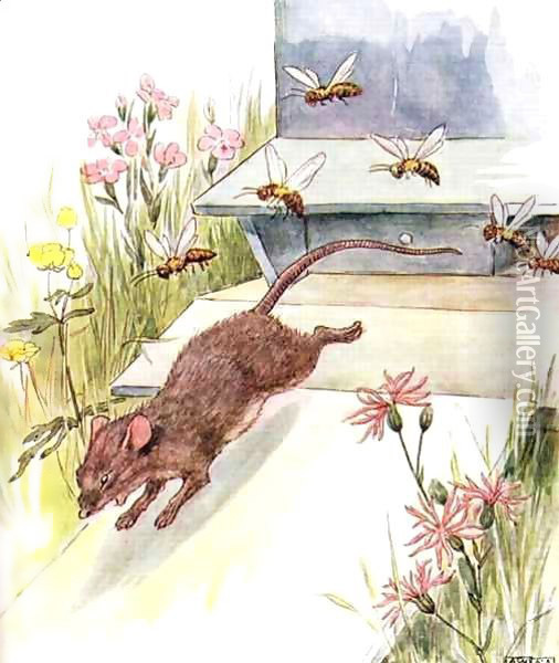 'They rushed at me buzzing and humming and tried to sting', illustration from 'The Mischievious Mousie Book' Oil Painting - Anne Anderson