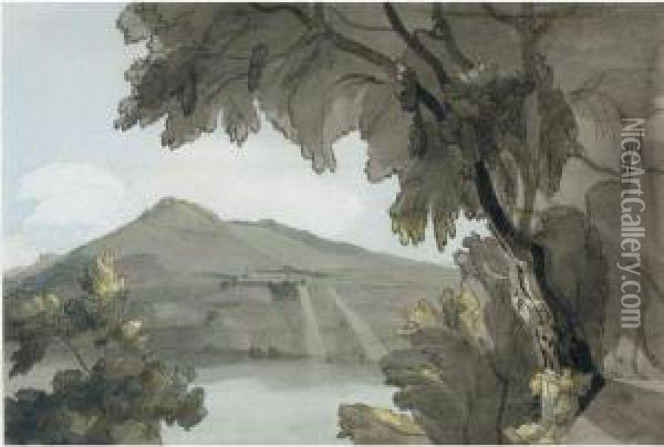 Lake Of Albano, Morning Sun Rising Over Rocca Del Papa Oil Painting - Francis Towne