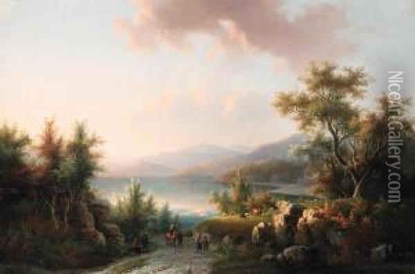 A Wooded Hilly Landscape With Travellers On A Track Near Alake Oil Painting - Willem De Klerk