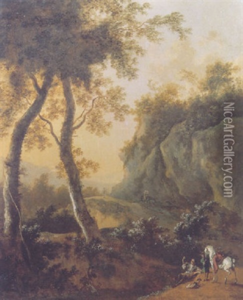 A Sportsman Blowing Horn While Resting On A River Bank In An Italianate Landscape At Sunset Oil Painting - Frederick De Moucheron