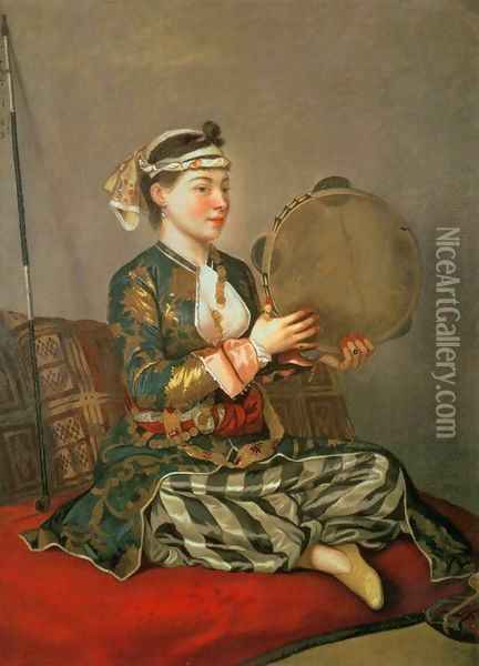 Turkish Woman with a Tambourine 2 Oil Painting - Etienne Liotard