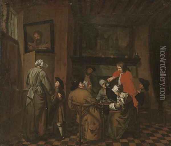 An interior with men and women drinking tea Oil Painting - Jan Josef, the Elder Horemans