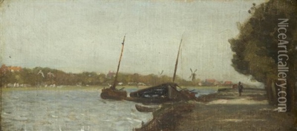Les Bords De L'amsteel Oil Painting - Henri Joseph Constant Dutilleux