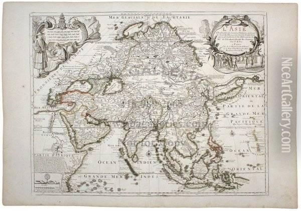 Well-engraved, Detailed, And Attractive Map Of Asia, With Cartouche Depicting Chinese At Upper Left, And One With Indians At Upper Right. The East Indian Archipelago Is Shown, And A Portion Of 