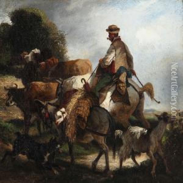 A Peasant On His Way To The Market With His Animals Oil Painting - Nicolas Moreau