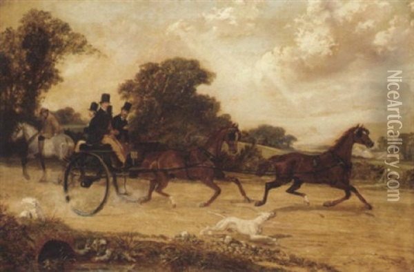 Figures In Dog Cart Driven Tandem Oil Painting - Benjamin Cam Norton