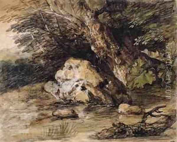 A Hilly Landscape with Figures Approaching a Bridge Oil Painting - Thomas Gainsborough