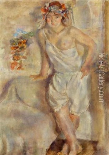 Genevieve A La Couronne De Fleurs Oil Painting - Jules Pascin
