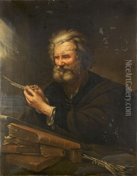 An Elderly Man Seated At A Desk Making A Quill Oil Painting - Josef Bergler the Younger
