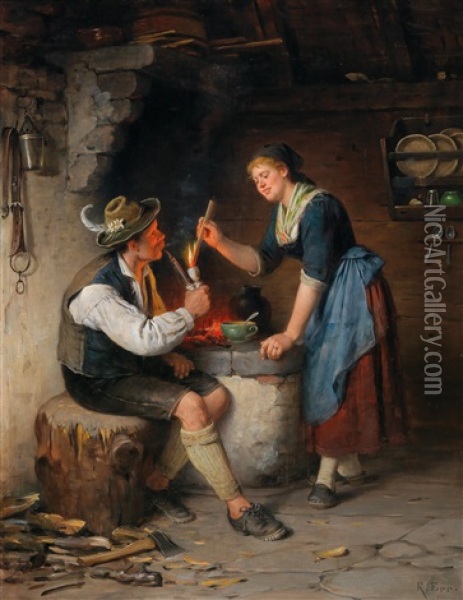 Young Couple By The Fireplace Oil Painting - Rudolf Epp