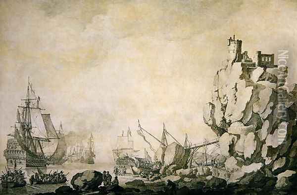Ships and militia by a rocky shore, c.1680 Oil Painting - Willem van de, the Elder Velde