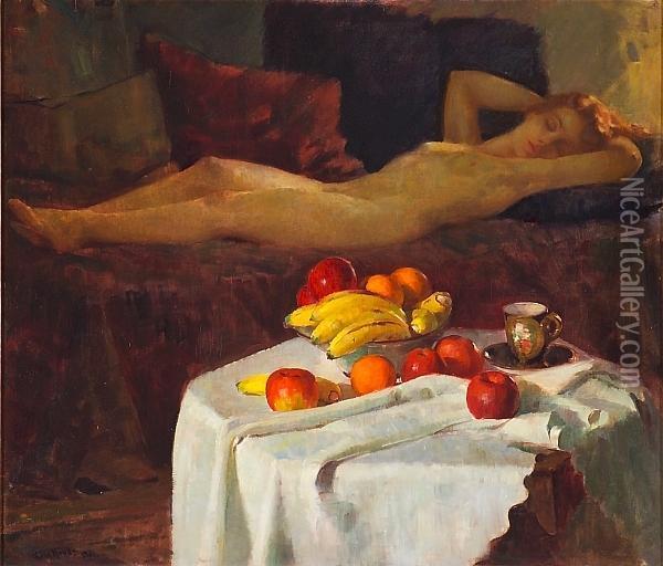 Sleep (nude And Still Life) Oil Painting - Geza Kende