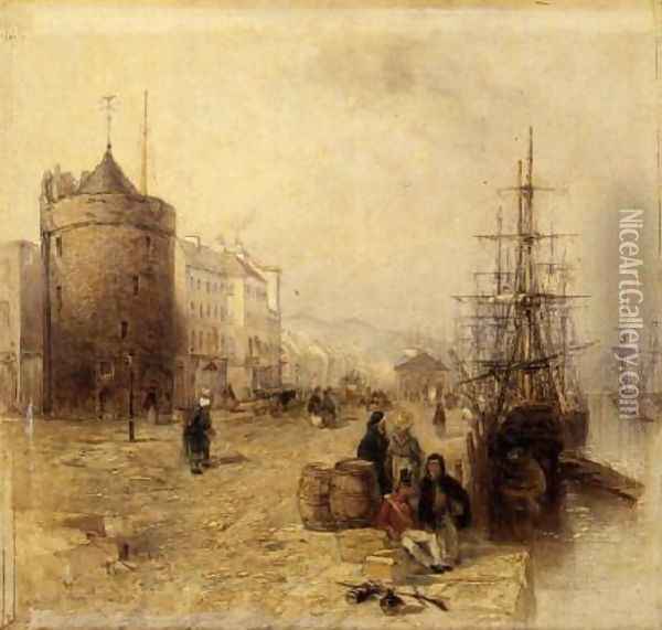 Figures on a Quay, Waterford Oil Painting - Thomas Creswick