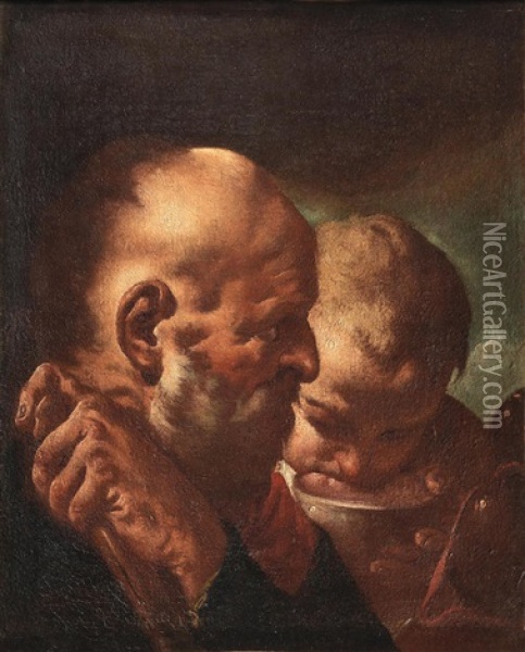 An Elderly Man With A Child Drinking Oil Painting - Giovanni Battista Piazzetta
