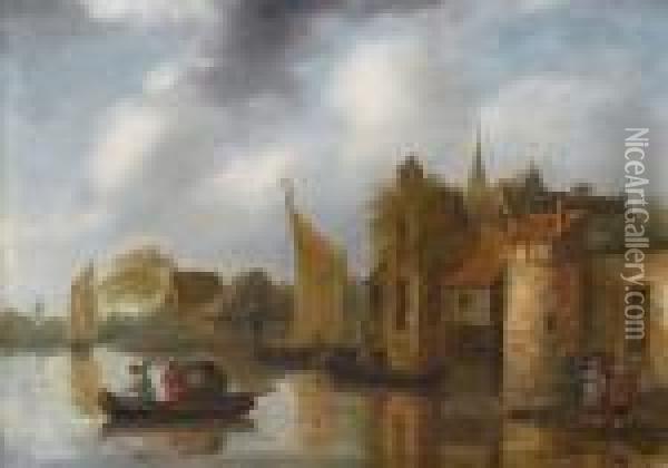 A Riverside Village With Eel Catchers In Boats Oil Painting - Claes Molenaar (see Molenaer)